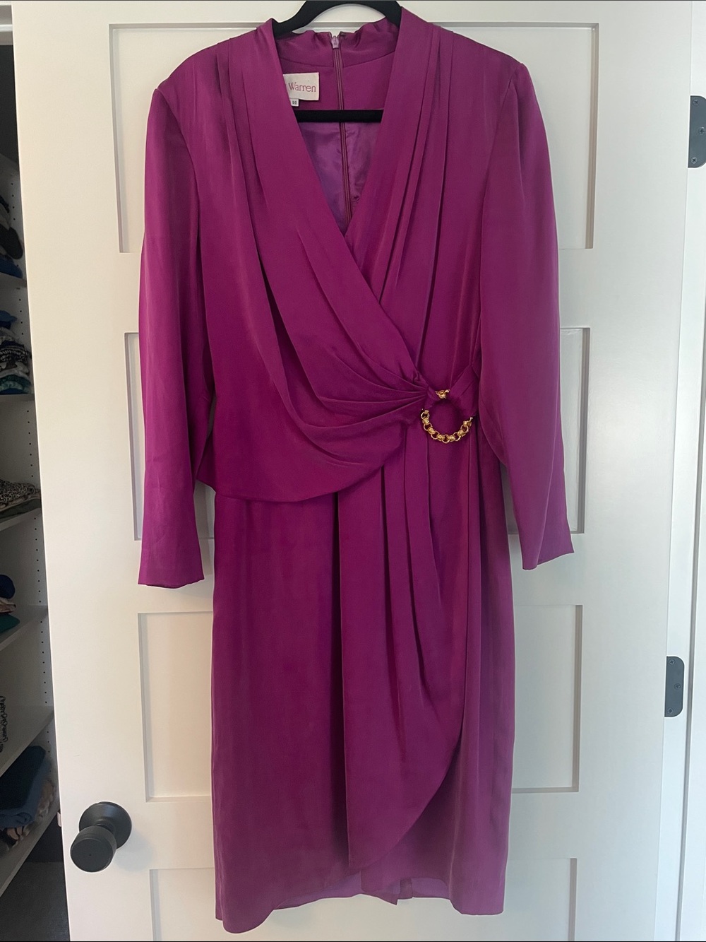 Richard Warren Silk Magenta Draped Chain-Accent Dress
